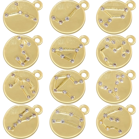 Pendente Costellazione Dello Zodiaco Rotondo Rame Intarsiato Di Zircone Fascino Oroscopo Gioielli Vintage Accessorio Per Donne