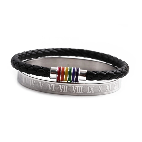 Herren Armband Und Spange Edelstahl Römische Ziffern Geflochtenes Lederband Regenbogen Magnetverschluss Modeschmuck