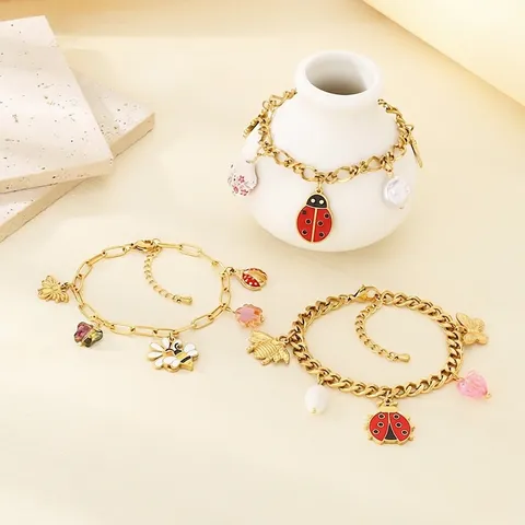 Stainless Steel Charm Bracelet For Women Gold Plated Enamel Bee Ladybug Butterfly Flower Animal Pendant Jewelry Gift
