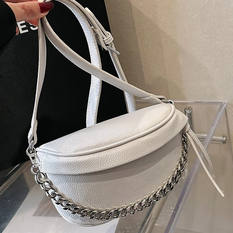 Bolso Bandolera Mujer Cuero PU Grano Lichi Forma Media Luna Con Cadena Metal Plateado Correa Ajustable Informal