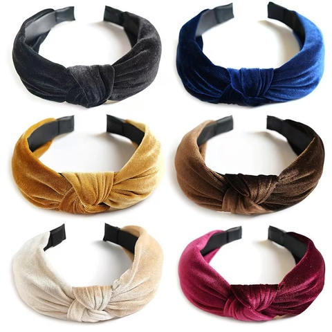 Women Velvet Knotted Headband Wide Twisted Hair Band Retro Solid Color Soft Fabric Hair Hoop Elegant Accessories