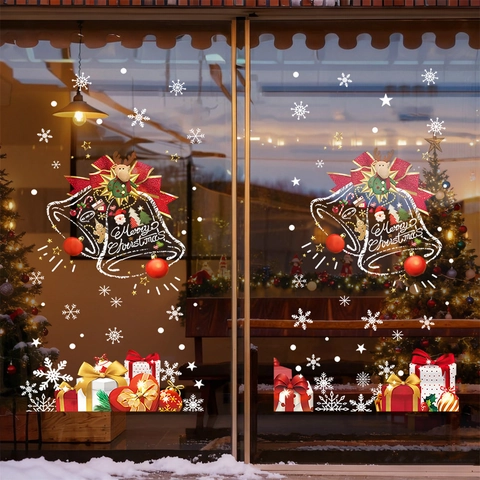 Christmas Window Static Stickers PVC Double Sided Reusable Glass Door Decals Reindeer Bells Snowflakes Holiday Decor