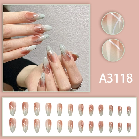 Uñas Postizas Press On Almendra Degradado Rosa Verde Líneas Geométricas Metálicas Plateadas Manicura Artificial Elegante