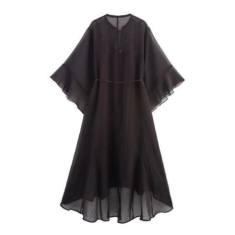 Women Elegant Chiffon Maxi Dress Sheer Flare Sleeves Tie-Neck With Beads Solid Color Bohemian Vacation Long Dress