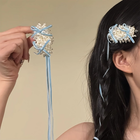 Pinza Para El Pelo Hecha A Mano Con Perlas Artificiales Artificiales Y Lazo De Cinta De Terciopelo Largo Borla Elegante Para Mujer
