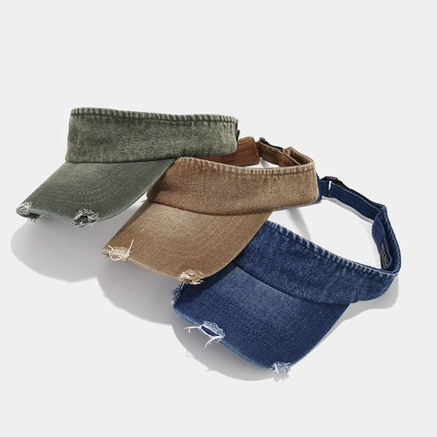 Visière En Jean Lavé Distressed Effiloché Sans Calotte Réglable Streetwear Décontracté Extérieur Protection UV Respirant