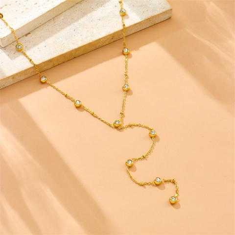 Y-Shaped Necklace Stainless Steel With Round Rhinestone Accents Tassel Chain Elegant Jewelry For Women