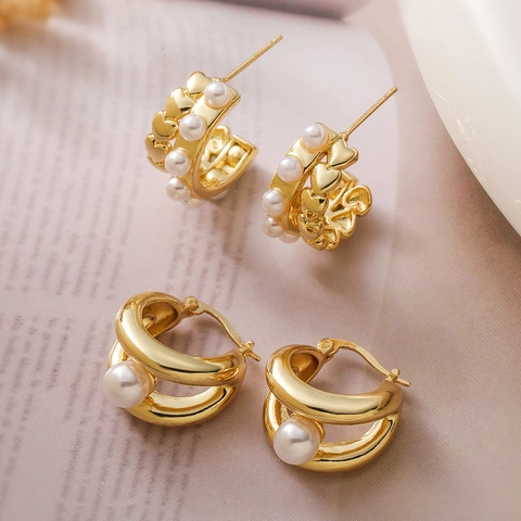 Koperen 18K Vergulde Kunstparel Hoop Oorbellen Geometrische C-Vorm Retro Elegante Sieraden Voor Dames