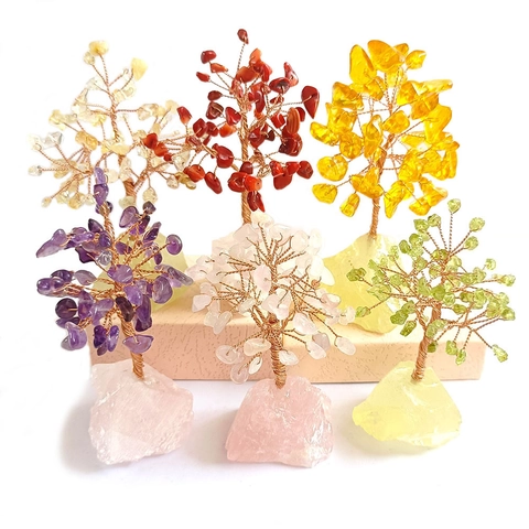 Crystal Money Tree Handmade Copper Wire Wrapped Natural Stone Base Feng Shui Wealth Luck Desktop Ornament Home Office