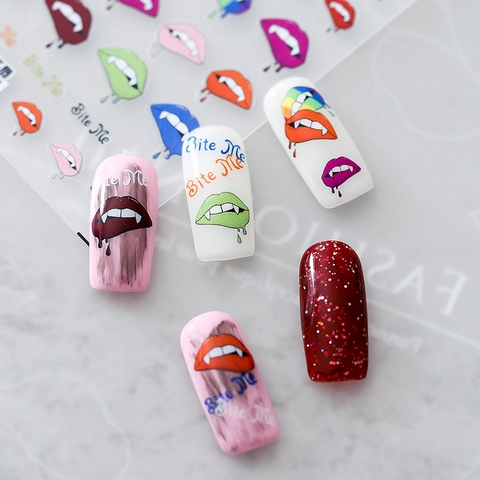 5D Embossed Nail Art Stickers Vampire Lips Fangs Bite Me Letters Punk Gothic Sexy Red Lip Decals DIY Manicure
