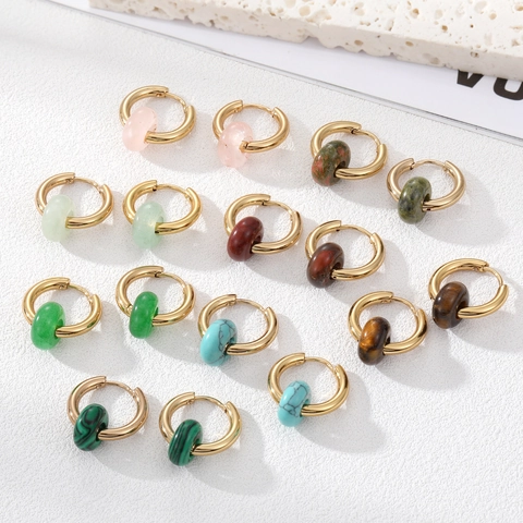 Boucles D'oreilles Créoles En Pierre Naturelle Pour Femmes Retro Géométrique Acier Inoxydable Avec Breloques Donut