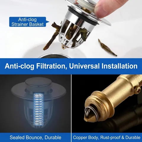 Universal Basin Pop Up Drain Filter Stainless Steel Anti Clogging Sink Stopper With Brass Core Bathroom Accessories