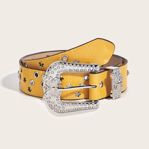 Cintura In Pelle PU Donna Motivo Coccodrillo Fibbia Farfalla Strass Borchie Stella Stile Y2K Western