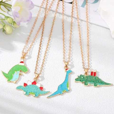 Cartoon Dinosaurier Anhänger Halskette Legierung Glitzer Emaille Weihnachtsmütze Geschenk Design Niedlicher Schmuck