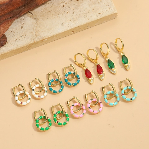 Dopamine Stijl Gekleurde Emaille Ring Oorbellen Voor Vrouwen Koper Zirconia Marquise Hangende Oorbellen Vintage Sieraden