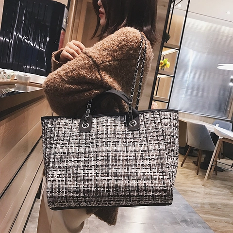 Large Tweed Tote Bag Contrast Color Plaid Chain Shoulder Strap PU Leather Trim Elegant Commute Handbag For Women
