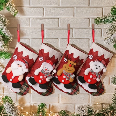 Christmas Stocking Decoration With 3D Doll Santa Snowman Reindeer Polar Bear Linen Texture Hanging Sock For Fireplace Wall