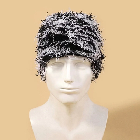 Bonnet En Tricot Vieilli Acrylique Pelucheux Franges Chaud Coupe-Vent Y2K Punk Hip Hop Streetwear Pour Femmes Hommes