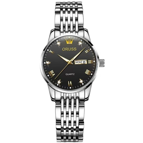 Business Women Quartz Watch Stainless Steel Band Dual Calendar Luminous Waterproof Analog Wristwatch Roman Numeral Luxury