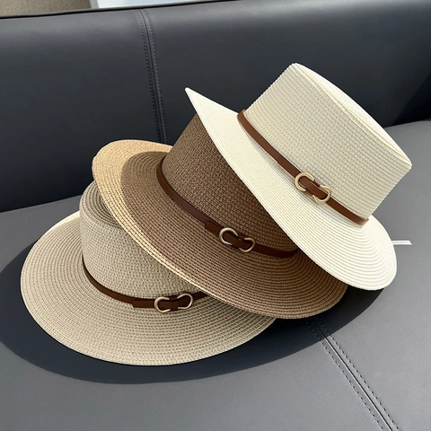 Women Boater Hat Summer Straw Flat Top Wide Brim Sun Protection Beach Vacation French Vintage Leather Band Metal Buckle
