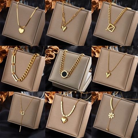 Minimalist Stainless Steel Engraved Heart Square Pendant Necklace For Women Gold Silver Hip Hop Punk Fashion Jewelry Gift