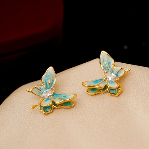 Boucles D'oreilles Papillon Émail Et Zircon Cuivre Avec Tige Argent Sterling 925 Bijoux De Luxe Vintage Pour Femmes