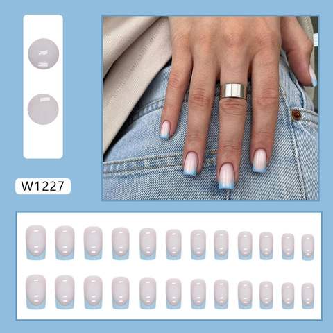 Unghie Finte Quadrate Francesi Blu Lunghezza Media Base Nude Rosa Plastica Punte Artificiali Manicure Elegante Donna