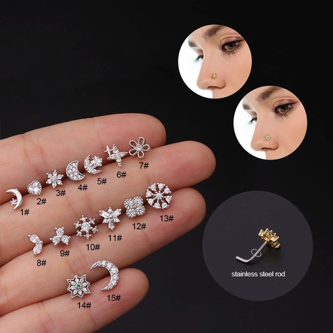 L-Shaped Nose Studs Stainless Steel And Copper With Zircon Piercing Jewelry Flower Star Moon Heart Trendy Women