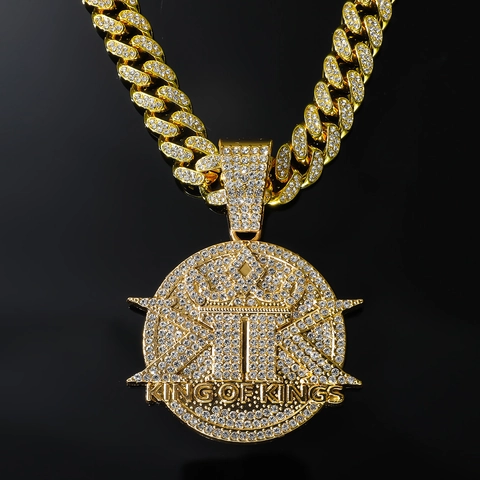 Collana Con Ciondolo Rotondo Corona King Of Kings Lega Strass Catena Cubana Hip Hop Moda Gioielli Uomo
