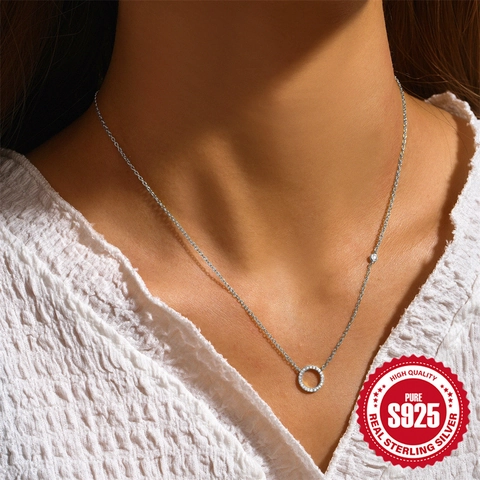 Geometric Circle Pendant Necklace 925 Sterling Silver AAAAA Cubic Zirconia Minimalist Jewelry For Women