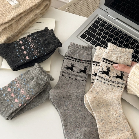 Damen Socken Wollmischung Crew Weihnachten Rentier Herz Schleife Rüschensaum Dicke Thermosocken Für Den Winter