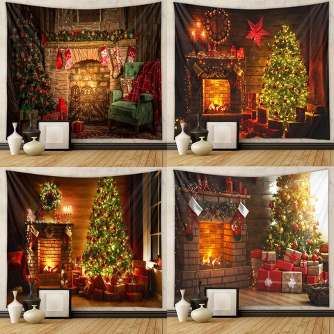 Tapiz De Navidad Poliéster Estampado Chimenea Árbol Colgante Pared Dormitorio Sala Estar Decoración Fondo Fotografía