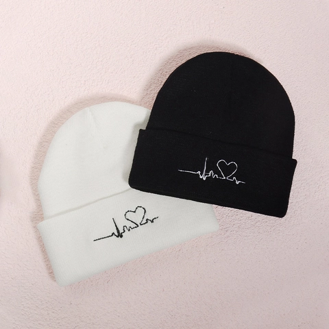 Knitted Beanie Hat Acrylic Warm Winter Autumn Heart ECG Embroidery Minimalist Casual Outdoor For Men Women