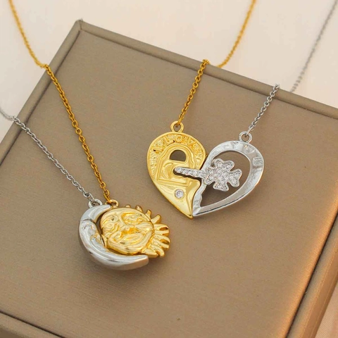 Titanstahl Kupfer Strass Herz Sonne Mond Hand Anhänger Halskette Für Damen Mode Gold Silber Überzogen Schlüsselbein Kette