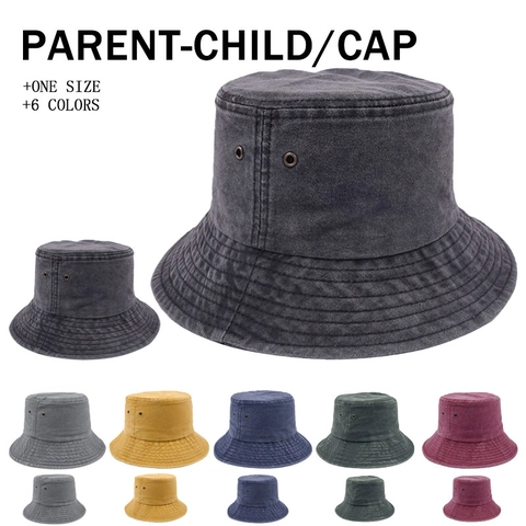 Retro Washed Cotton Bucket Hat Solid Color Breathable Outdoor Sun Protection Fisherman Cap Parent Child