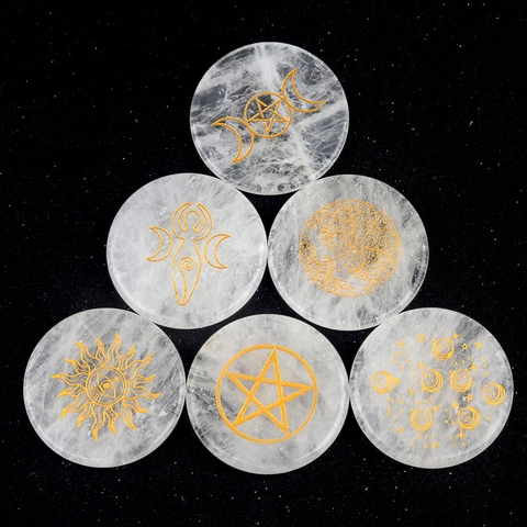 White Crystal Round Plate Gold Engraved Tree Of Life Sun Moon Symbols Altar Tile Energy Stone Home Decor