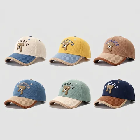 Kids Baseball Cap Cute Bear Patch Corduroy Contrast Color Outdoor Sun Hat For Toddlers Boys Girls