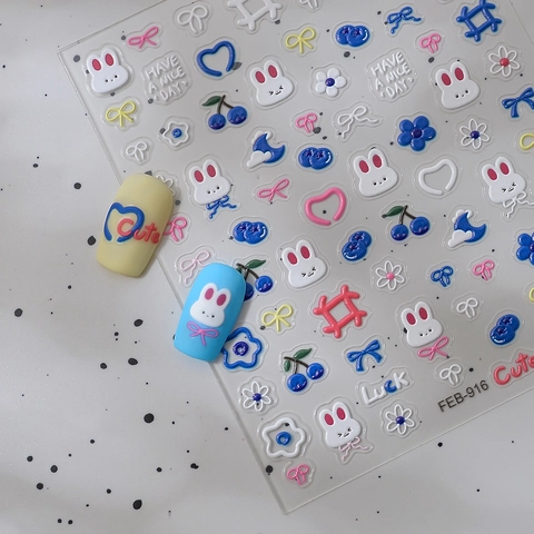 5D Relief Nagelaufkleber Süße Hase Blaubeere Blume Muster Selbstklebend 3D Texturierte Wasserdichte Abziehbilder Für Frauen