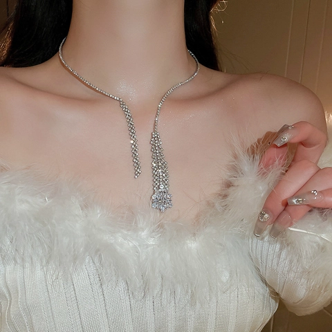 Elegant Wheat Ear Tassel Necklace Sparkling Rhinestone Zircon Alloy Long Choker For Women Party Fashion Jewelry