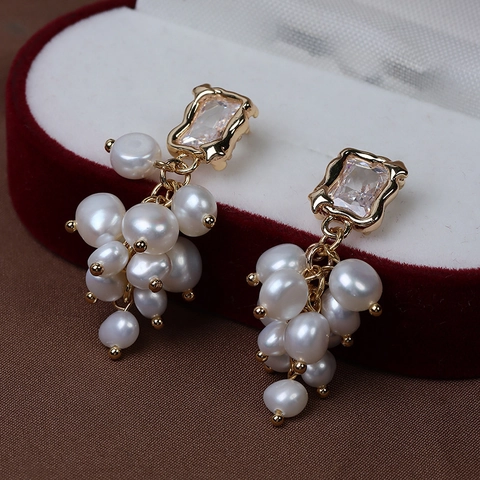 Orecchini Pendenti Vintage Grappolo d'Uva Perla d'Acqua Dolce Con Perno in Argento Sterling 925 Placcato Oro Orecchini Donna