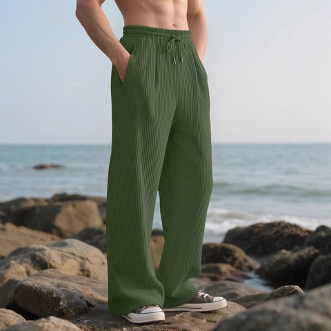 Men Casual Straight Leg Pants Wide Leg Textured Ribbed Stripe Drawstring Elastic Waist Trousers