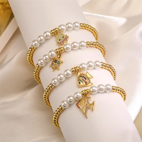 Bracciale Di Perline Di Rame E Imitazione Perla Artificial Con Ciondoli Animali Marini Tartaruga Polpo Pesce In Zircone Gioielli
