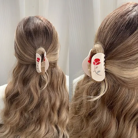 Haarkralle Aus Acetat Vintage Rosen Blumendruck Strass Elegant Cremeweiß Haarklammer Für Damen Haarstyling