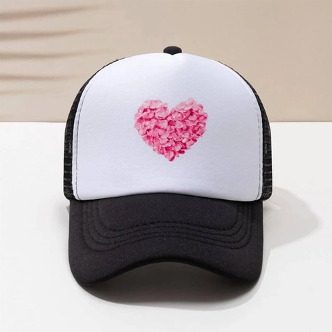 Damen Trucker Hut Mesh Atmungsaktiv Baumwolle Herz Druck Baseballkappe Verstellbar Sonnenschutz Süß Outdoor