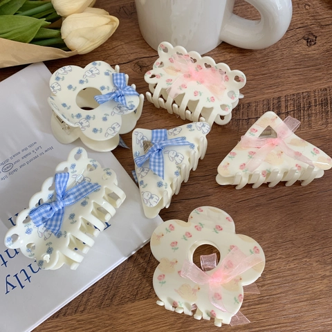 Elegant Cream Floral Hair Claw Clip With Bow Sweet Acrylic Resin Shark Clip For Women Girls Stylish Hair Accessories