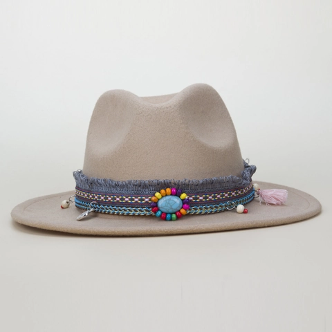 Chapeau Fedora Bohème Feutre Large Bord Plat Bande Ethnique Perles Turquoise Gland Style Jazz Vintage Pour Hommes Femmes