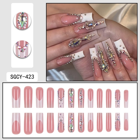 Press On Nails Long Coffin French Tip Pink White Rhinestones Handcrafted Luxury Sparkling Fake Nails For Women