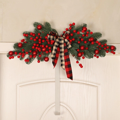 Ghirlanda Natale Festone Teardrop Swag Artificiale Pino PE Bacca Rossa Fiocco Quadri Luce LED Calda Decorazione Porta