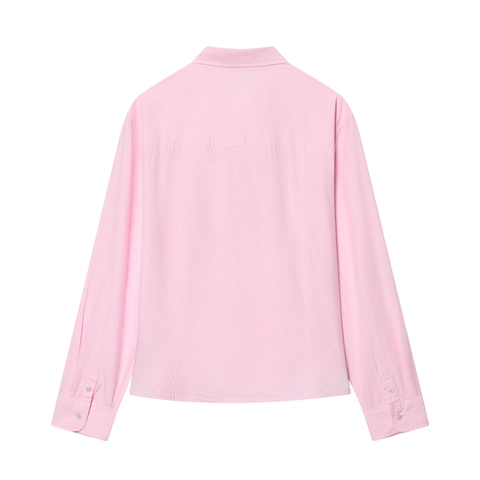 Camisa De Mujer Manga Larga Rosa Color Sólido Popelina Poliéster Algodón Cuello Solapa Blusa Con Botones Tops Informales