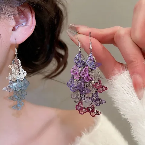 Hollow Butterfly Long Tassel Dangle Earrings With Silver Earring Post Gradient Metal Aesthetic Elegant Ear Hooks For Women